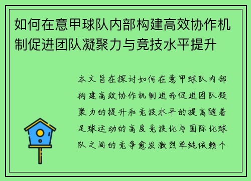 如何在意甲球队内部构建高效协作机制促进团队凝聚力与竞技水平提升 如何在意甲球队内部构建高效协作机制促进团队凝聚力与竞技水平提升